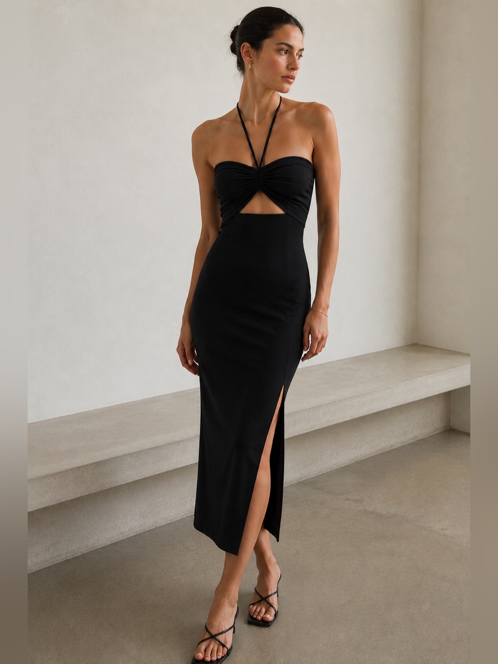 OAK + FORT OAK Refined Black Tencel Halter Cutout Dress XS